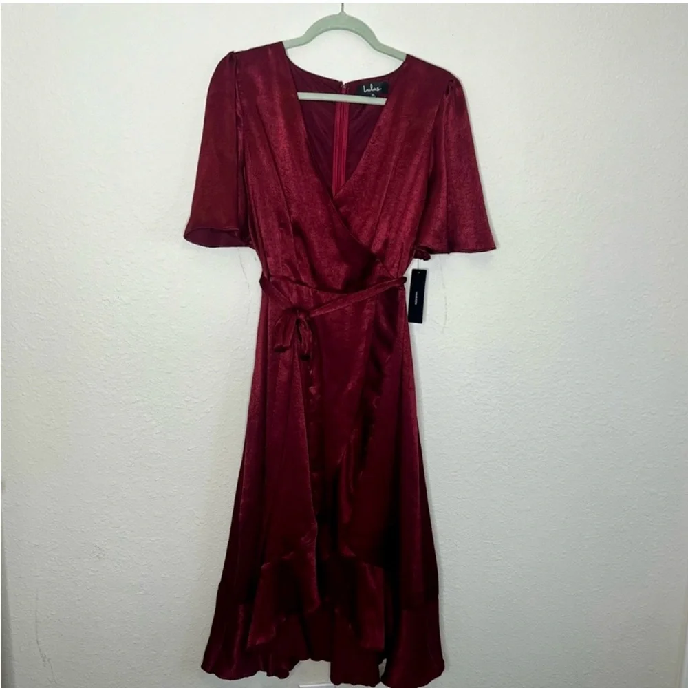NWT Lulus Burgundy Satin Faux-Wrap Midi Dress - Picture 7 of 10